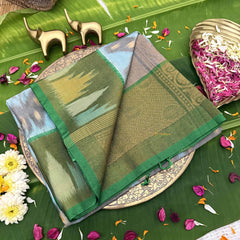 Vriksham Handwoven Pochampally Pastel Sky Blue & Olive Green Ikkat Silk-Cotton Saree-VS4739