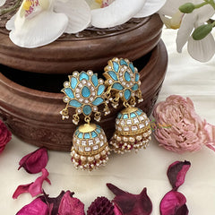 Jadau Kundan Lotus Jhumka-Sky Blue-J2466
