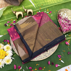 Vriksham Handwoven Pochampally Bold Pink & Earthy Brown Contrast With Tribal Motifs Ikkat Silk-Cotton Saree-VS4741