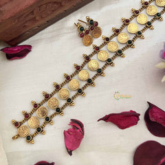 Vriksham Temple Glow Lakshmi Coin Green Red Stone Neckpiece-G20571