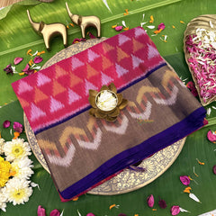 Vriksham Handwoven Pochampally  Pink With Triangle & Wave Motif Ikkat Silk-Cotton Saree-VS4736