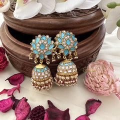 Jadau Kundan Lotus Jhumka-Sky Blue-J2466
