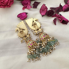 Peacock Jadau Kundan Jhumka-Aqua Green Beads-J2436