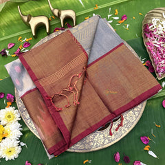 Vriksham Handwoven Pochampally Ivory & Maroon Rustic Charm With Subtle Floral Motifs Ikkat Silk-Cotton Saree-VS4740
