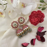 Premium Jadau Kundan Jhumka-Aqua Green Beads-J2429