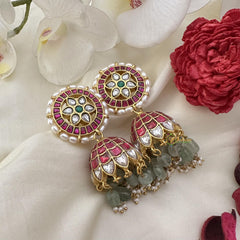 Premium Jadau Kundan Jhumka-Aqua Green Beads-J2429
