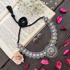 Vriksham Antique Oxidized Silver Peacock Temple Neckpiece-Red & Teal-S909