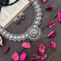 Vriksham Antique Oxidized Silver Peacock Temple Neckpiece-Red & Teal-S909