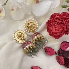 Premium Jadau Kundan Jhumka-Aqua Green Beads-J2429