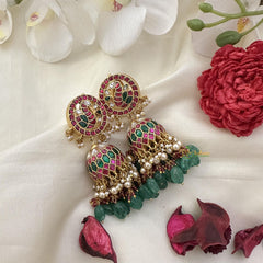 Designer Peacock Jadau Kundan Jhumka-Green Beads-J2503