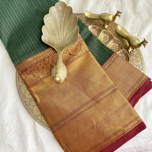 Dark Green Kanchi Cotton Saree with Thick Golden Border - Handloom - VS3699