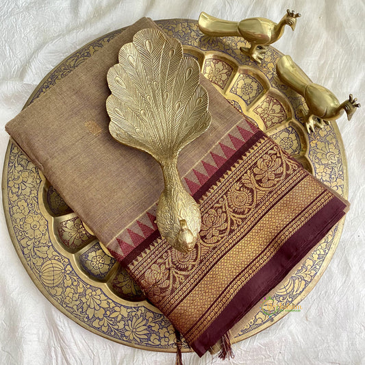 Wood Colour Kanchi Cotton Saree with Golden Border - Handloom - VS3695