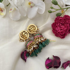 Designer Peacock Jadau Kundan Jhumka-Green Beads-J2503