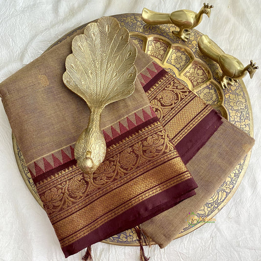 Wood Colour Kanchi Cotton Saree with Golden Border - Handloom - VS3695