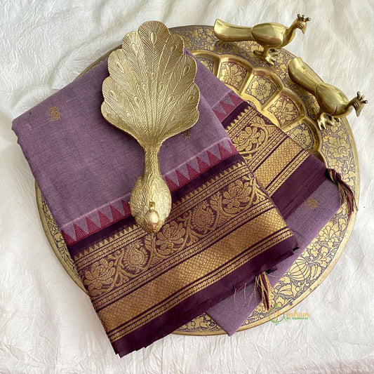 Double Shaded Lavender Kanchi Cotton Saree with Golden Border - Handloom - VS3701