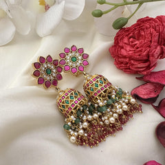 Floral Jadau Kundan Jhumka-Pearls-J2499