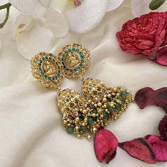 Jadau Kundan Lakshmi Jhumka-Green-Golden Pearls-J2500