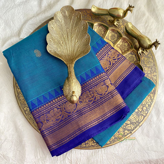 Double Shaded Turquoise Kanchi Cotton Saree with Golden Border - Handloom - VS3698