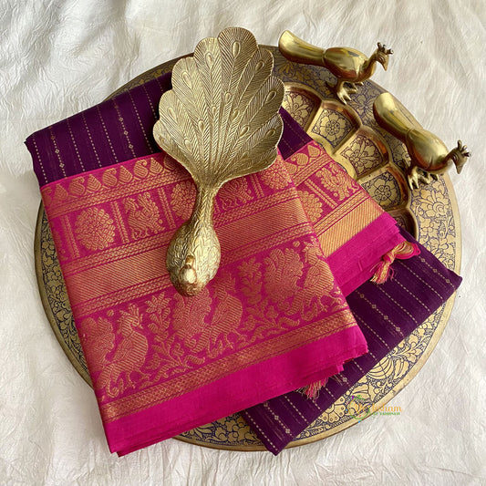 Purple Kanchi Cotton Saree with Double Golden Border - Handloom - VS3690