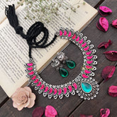 Vriksham Peacock Inspired Red With Green Drop Earrings Oxidized Silver Neckpiece-S918