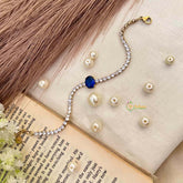 Vriksham Oval Blue Gemstone Link Gold-Plated White Tennis Open-Style Bracelet-G21919