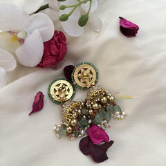 Designer Floral Jadau Kundan Jhumkas-Aqua Green Beads-J2520
