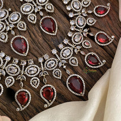 Premium Bridal Victorian Diamond Short Neckpiece - Redish Pink - VV1372