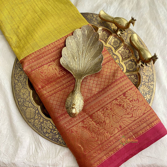 Mustard Colour Kanchi Cotton Saree with Thick Golden Border - Handloom - VS3703