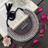 Vriksham Chevron Pattern Oxidized Silver Neckpiece-Red-S922