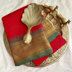 Red Kanchi Cotton Saree with Golden Border - Handloom - VS3681