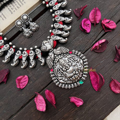 Vriksham Oxidized Silver Ganesha Temple With Red Thread Detailing Neckpiece-S908