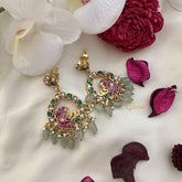 Statement Peacock Jadau Kundan Jhumkas-Pearl-Aqua Green Bead-J2407