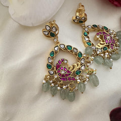 Statement Peacock Jadau Kundan Jhumkas-Pearl-Aqua Green Bead-J2407