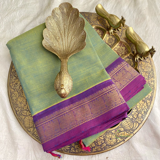 Double shaded Parrot Green Kanchi Cotton Saree with Golden Border - Handloom - VS3683