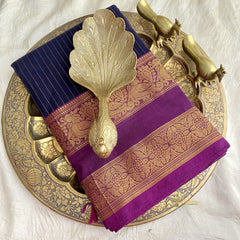 Navy Blue Kanchi Cotton Saree with Double Golden Border - Handloom - VS3694