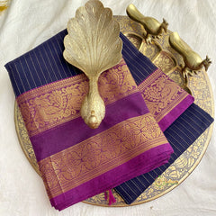 Navy Blue Kanchi Cotton Saree with Double Golden Border - Handloom - VS3694