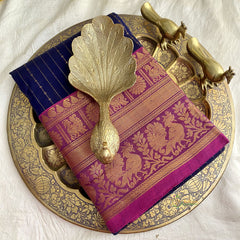 Dark Blue Kanchi Cotton Saree with Double Golden Border - Handloom - VS3686