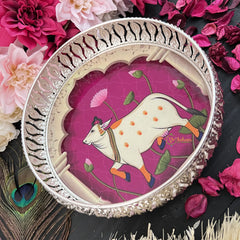 Vriksham Silver Pichwai Tray-Cow Design-Purple-RG185