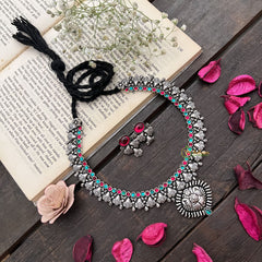 Vriksham Oxidized Silver Floral Pendant Neckpiece-Red Green-S914