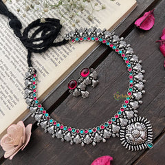 Vriksham Oxidized Silver Floral Pendant Neckpiece-Red Green-S914