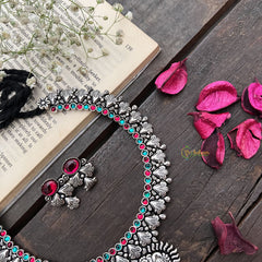 Vriksham Oxidized Silver Floral Pendant Neckpiece-Red Green-S914