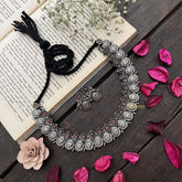 Vriksham Antique Lakshmi Mukh & Floral Oxidized Silver Neckpiece-Red-S913