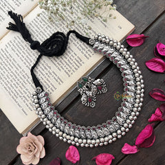 Vriksham Oxidized Silver Ganesha Choker Neckpiece-Red Green-S915