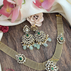 Duel Peacock Hasli Victorian Diamond Neckpiece-Aqua Green Beads-VV1941