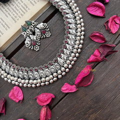 Vriksham Oxidized Silver Ganesha Choker Neckpiece-Red Green-S915