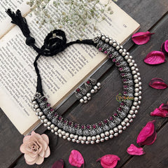 Vriksham Artisan Intricate Motifs & Red Stone Inlay Oxidized Silver Necckpiece-Red-S916