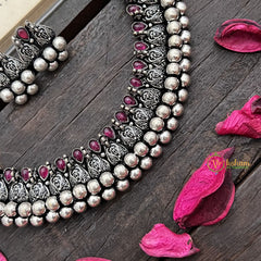 Vriksham Artisan Intricate Motifs & Red Stone Inlay Oxidized Silver Necckpiece-Red-S916