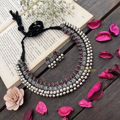 Vriksham Artisan Intricate Motifs & Red Stone Inlay Oxidized Silver Necckpiece-Red-S916