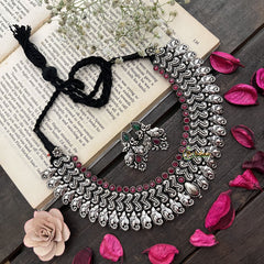 Vriksham Traditional Ganesh Ji With Engraved Peacocks Oxidized Silver Neckpiece-Red-S924