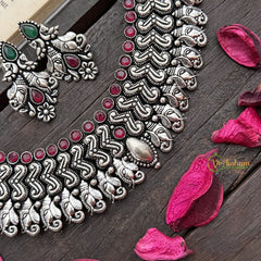Vriksham Traditional Ganesh Ji With Engraved Peacocks Oxidized Silver Neckpiece-Red-S924